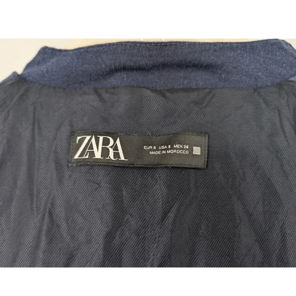 Zara Linen Blend Bomber Jacket Womens Navy Blue Utility Size S